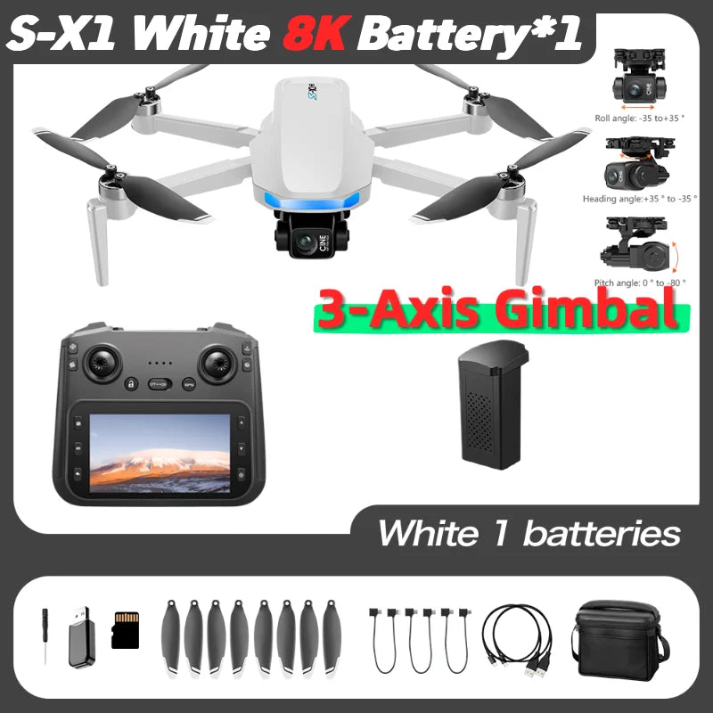 S-X1 MAX GPS Drone with 3-Axis Gimbal – 8K/4K HD Camera 5000m FPV LCD Screen RC Quadcopter