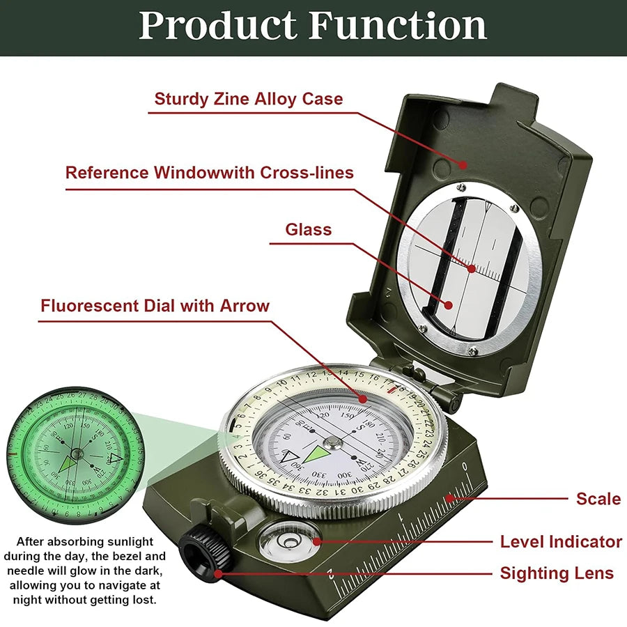 Military Tactical Waterproof Sighting Compass with Fluorescent Dial & Carabiner