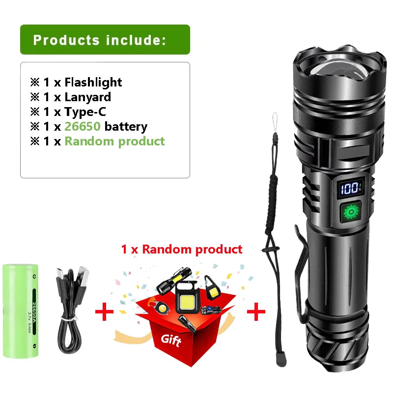 Tactical LED Flashlight USB-C Rechargeable | 500M Range Zoom Torch with Power Bank