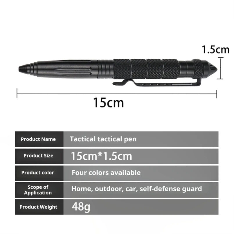 Tactical pen with dimensions and product details on a white background