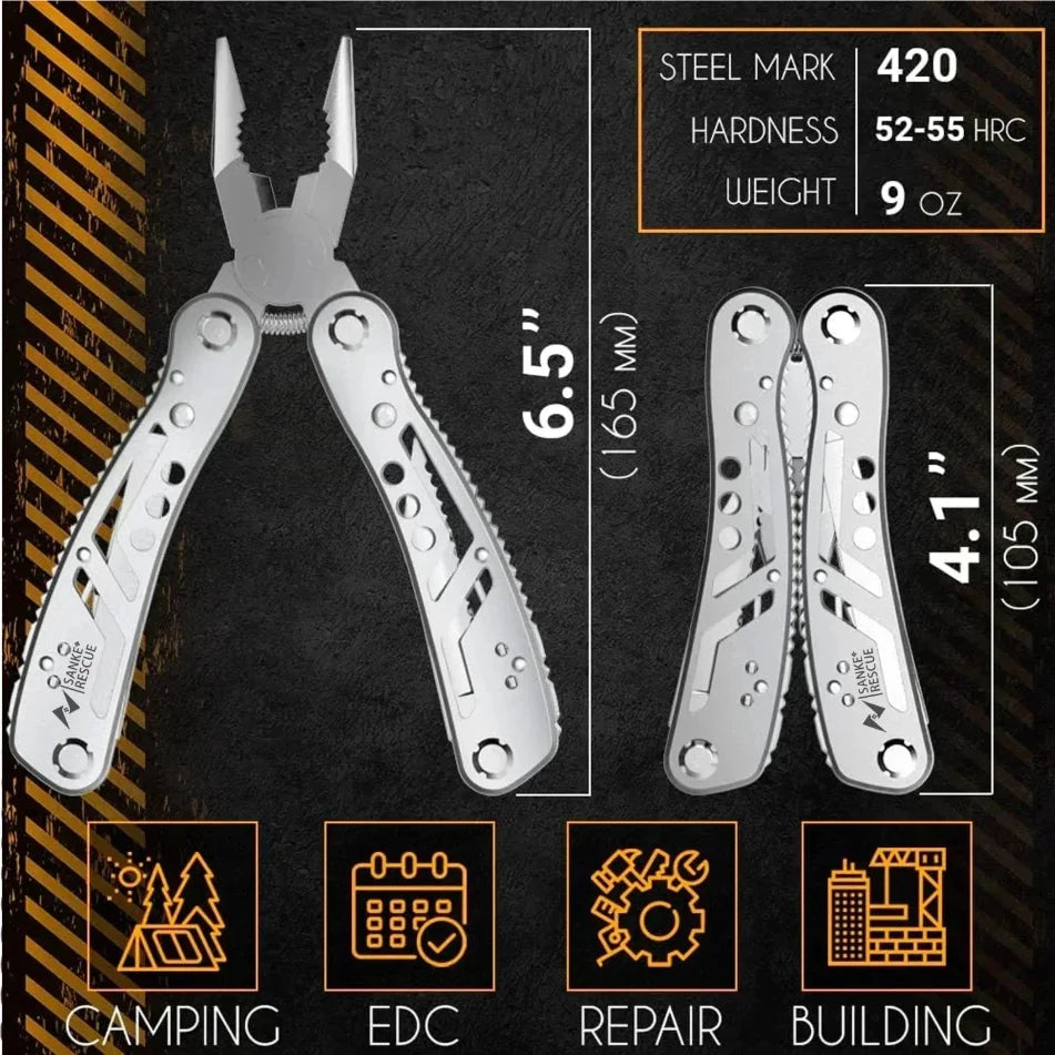 Multitool with specifications on a dark background