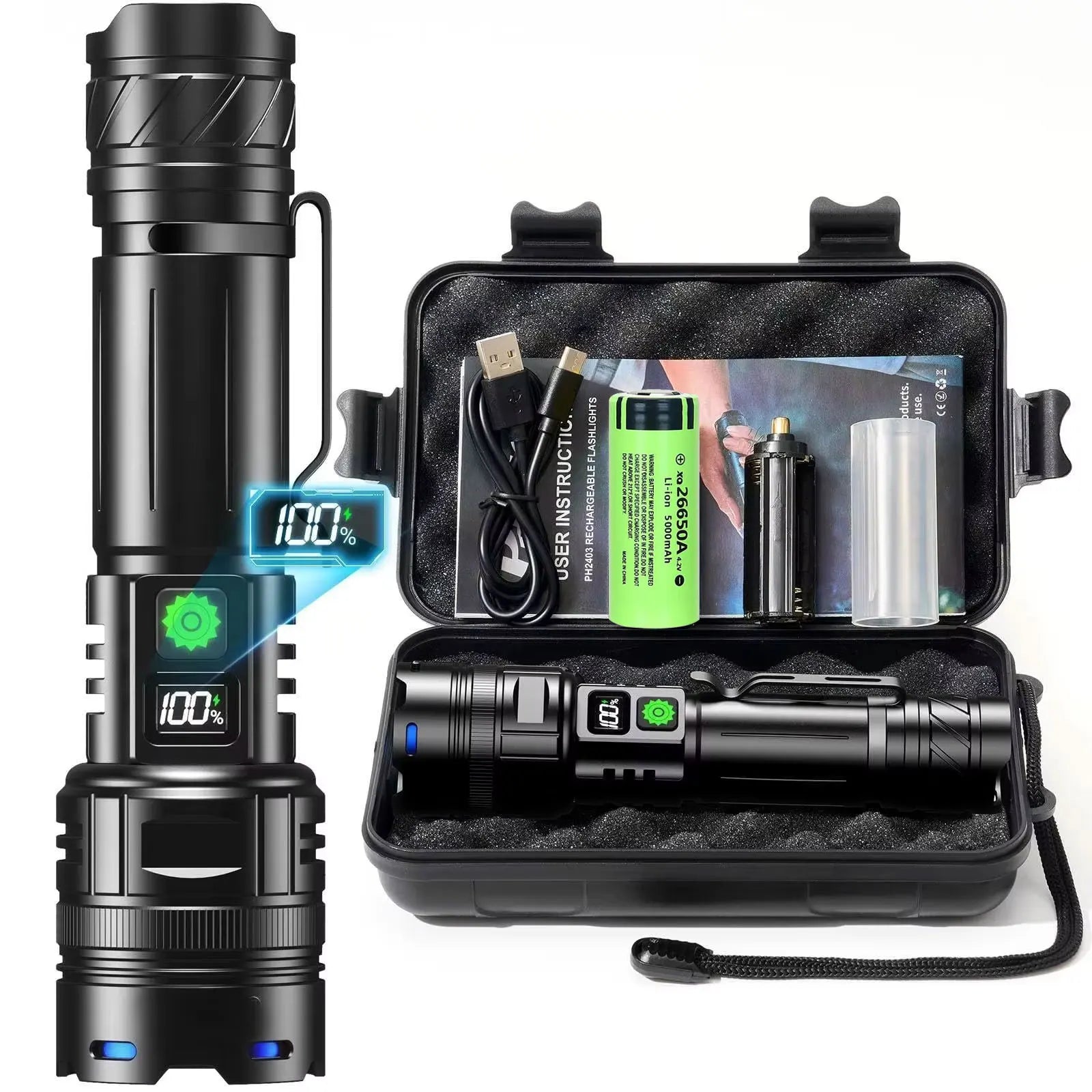 Black flashlight with digital display in an open case containing accessories