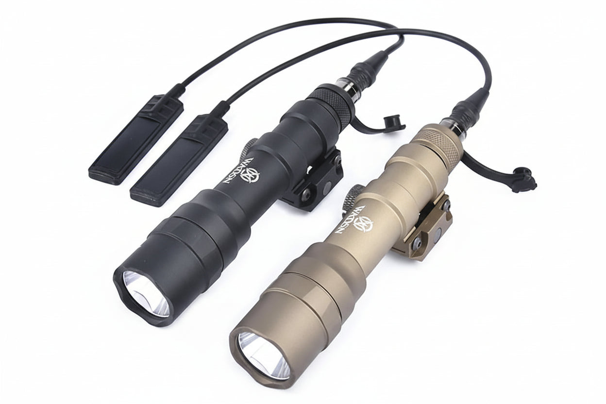 Two flashlights, one black and one beige, with WADSN branding on a white background.