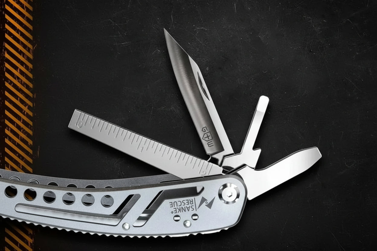 Multitool with various tools labeled on a dark background