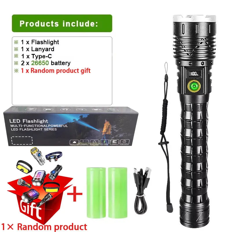 XHP390 Tactical LED Flashlight - 1500M Range, Rechargeable with COB Side Light & Power Bank