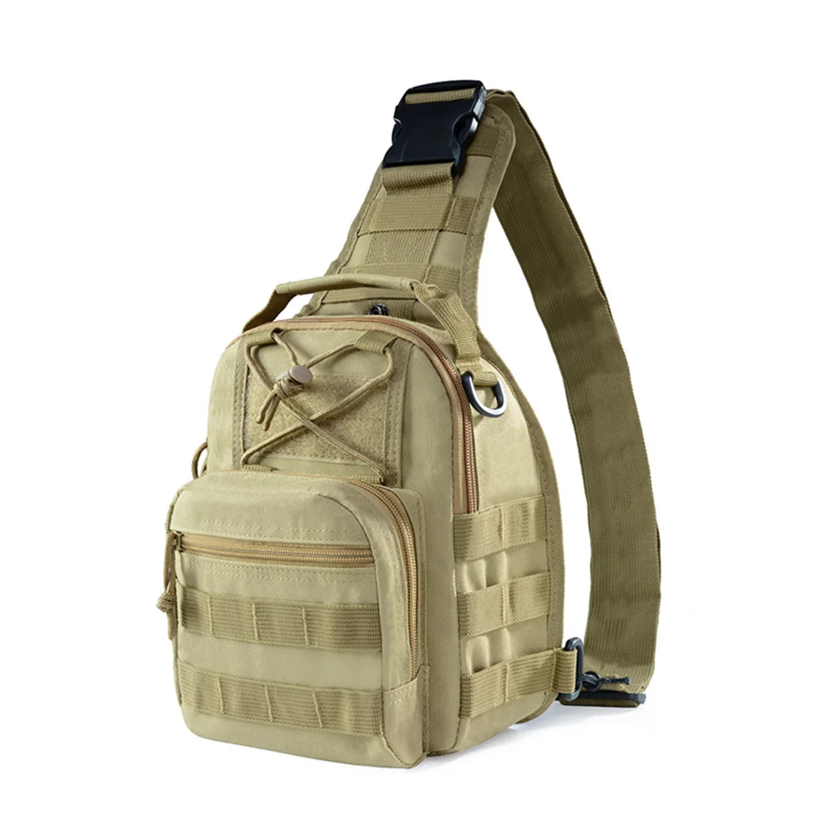 Tan sling bag with tactical design on a white background