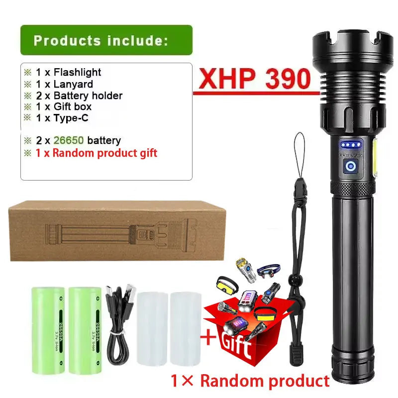 XHP390 Tactical LED Flashlight - 1500M Range, Rechargeable with COB Side Light & Power Bank