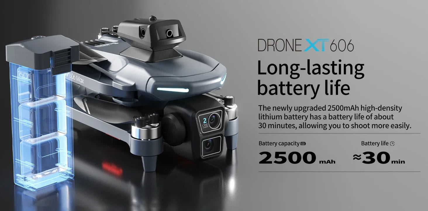 Drone with battery life text on a gray background