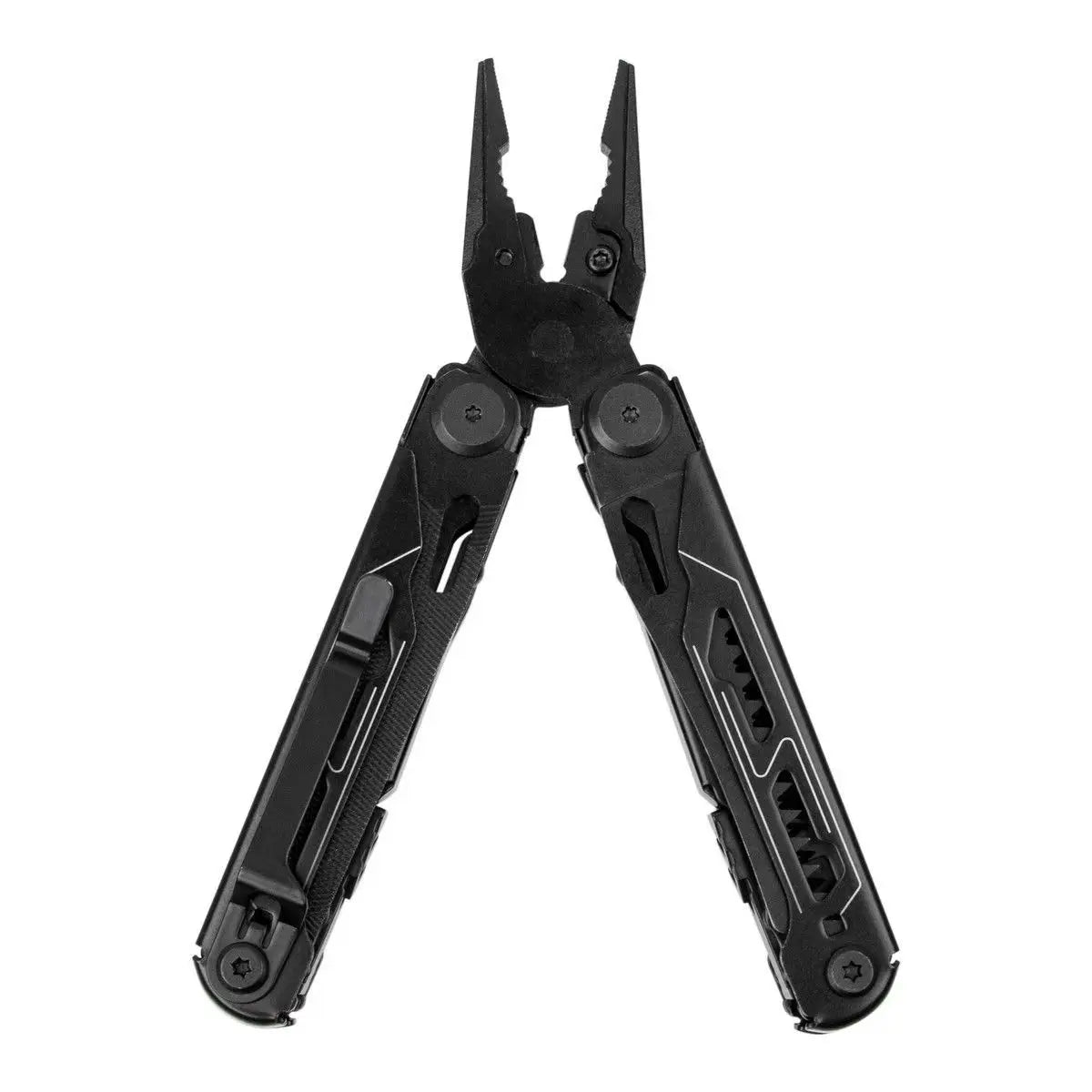 Black multi-tool with various components on a white background
