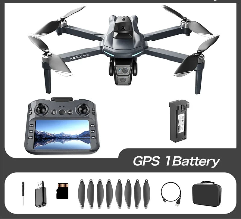 Drone with GPS, 8K camera, and battery on a white background