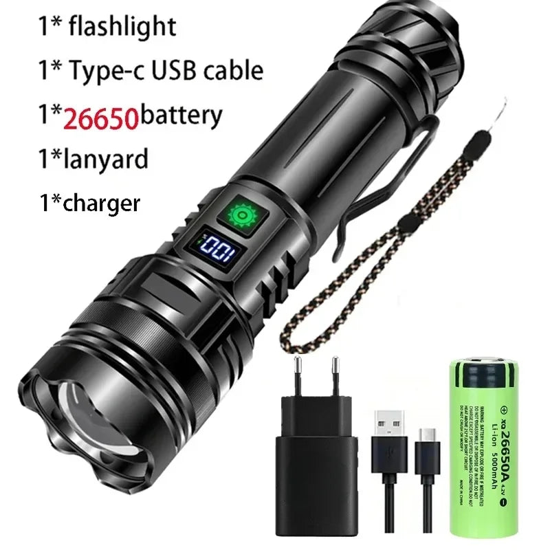 Tactical LED Flashlight USB-C Rechargeable | 500M Range Zoom Torch with Power Bank