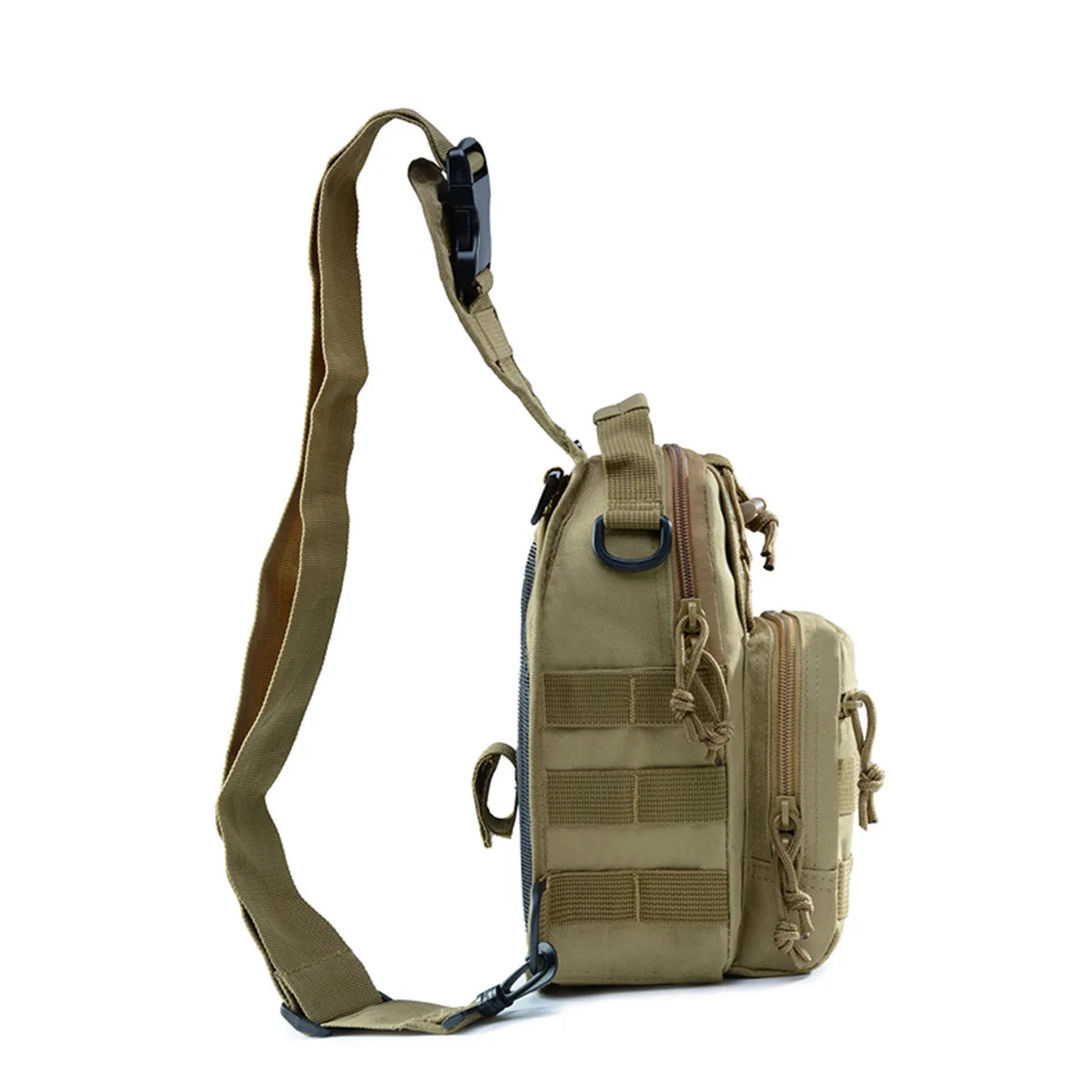 Tan shoulder bag with multiple pockets and straps on a white background