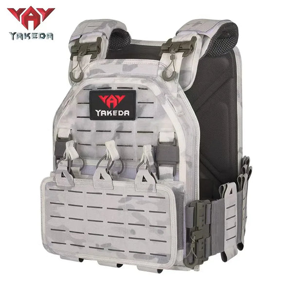 Yakeda tactical vest with multiple pouches and straps on a white background