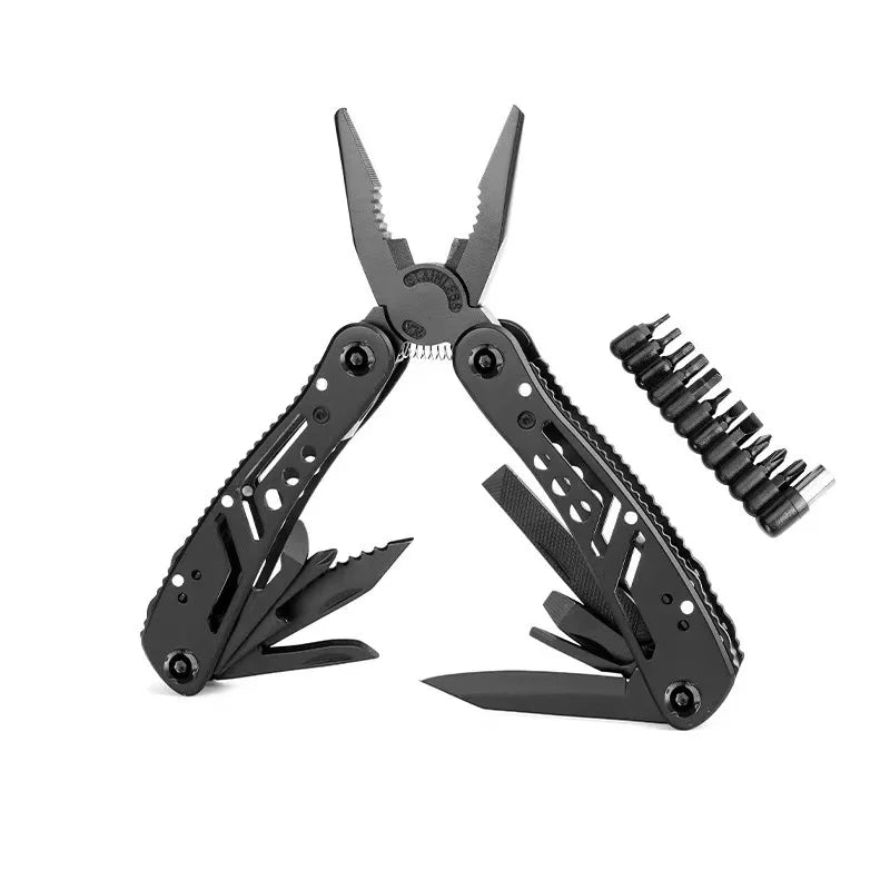 Black multi-tool with various components on a white background