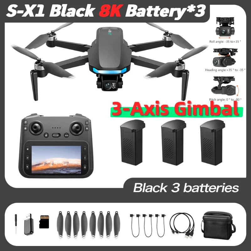 S-X1 MAX GPS Drone with 3-Axis Gimbal – 8K/4K HD Camera 5000m FPV LCD Screen RC Quadcopter