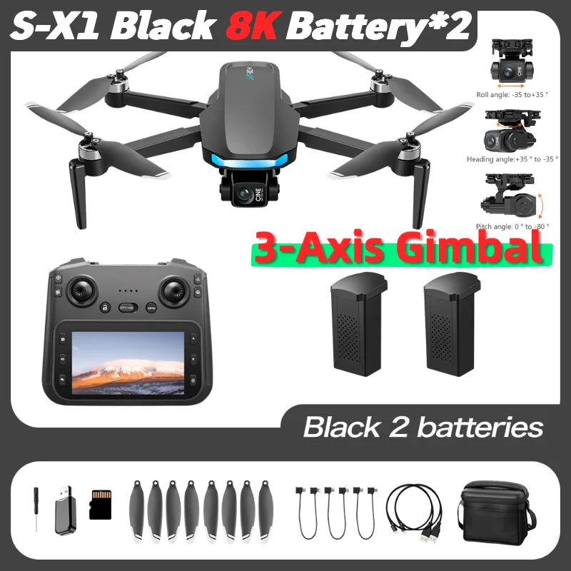 S-X1 MAX GPS Drone with 3-Axis Gimbal – 8K/4K HD Camera 5000m FPV LCD Screen RC Quadcopter