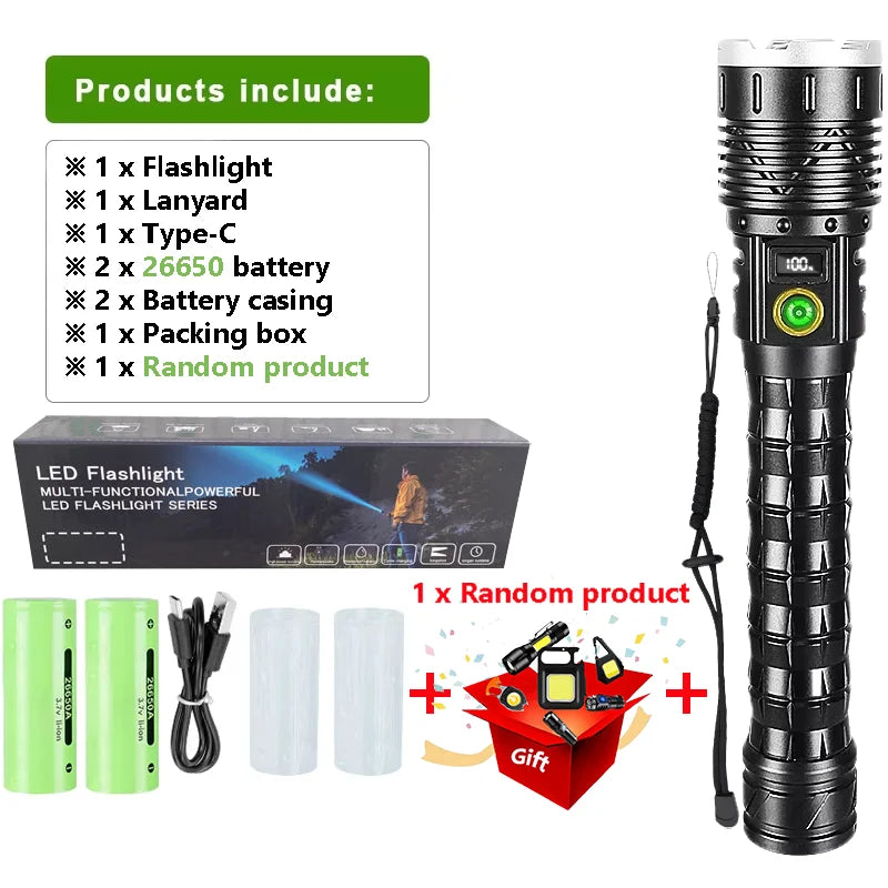 1000W LED Tactical Flashlight - 5000M Long Range, Rechargeable 10000mAh, Waterproof