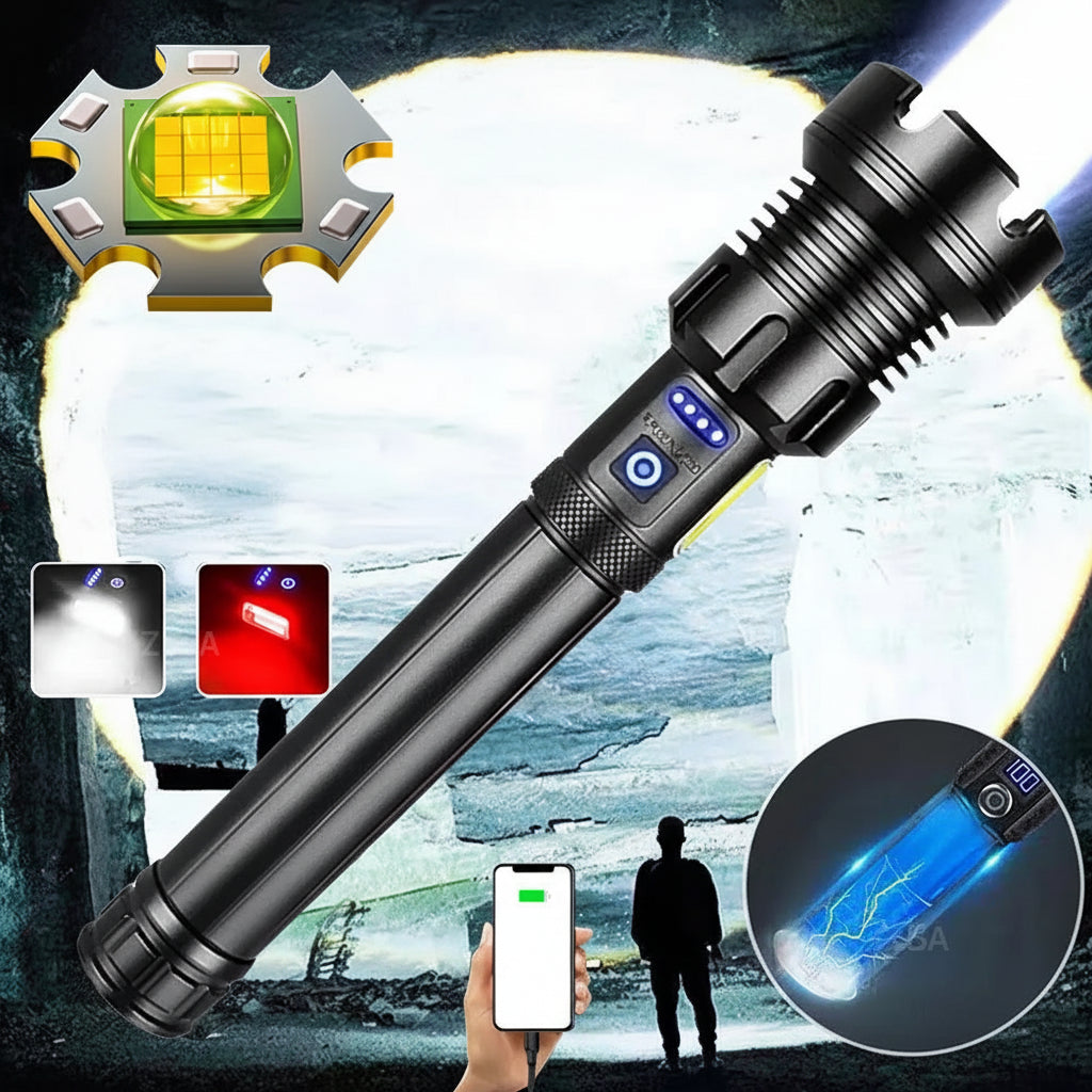 High-powered flashlight with specifications on a dark background