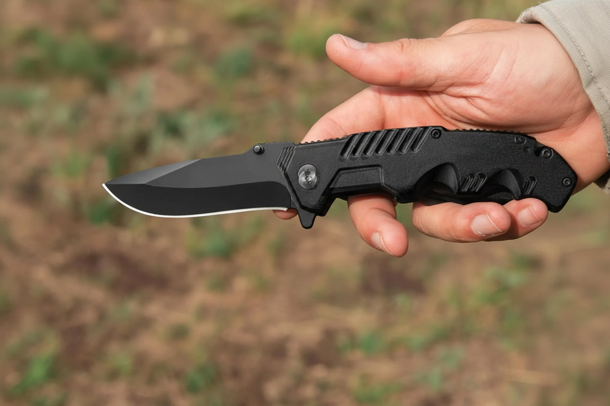 Person holding a black folding knife with text about ergonomic design.