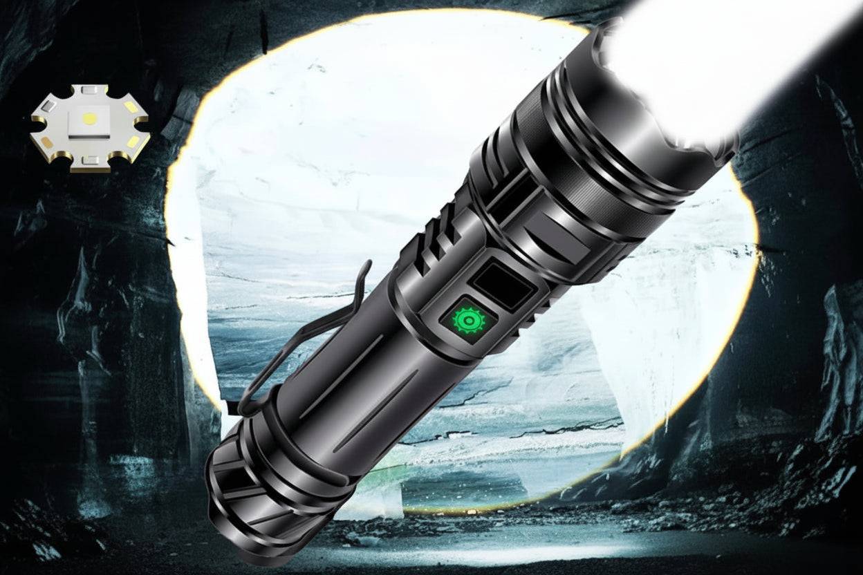 High-powered flashlight with specifications on a dark background