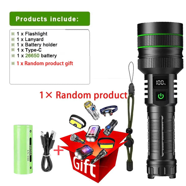 XHP390 Tactical LED Flashlight - 1500M Range, Rechargeable with COB Side Light & Power Bank
