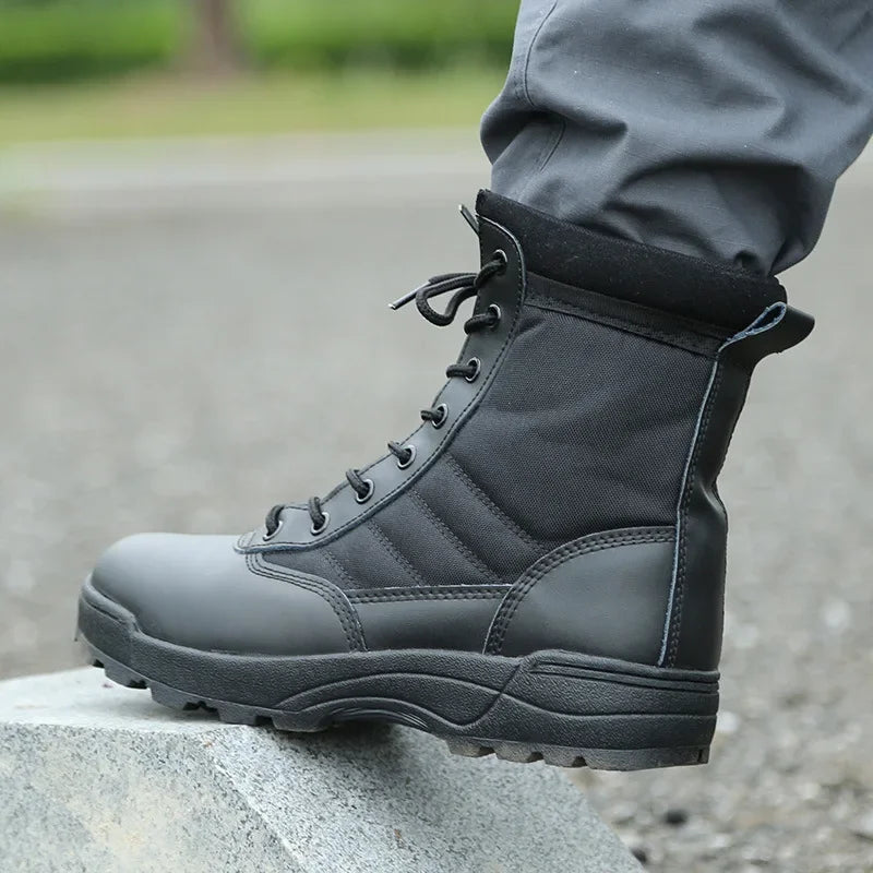 Tactical Men's Combat Boots – Ankle-Height Leather Work & Hiking Shoes with Side Zipper