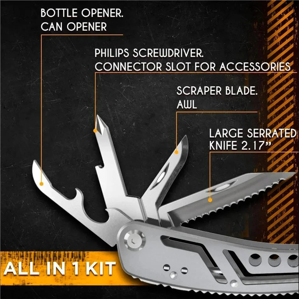 Multitool with various tools labeled on a dark background