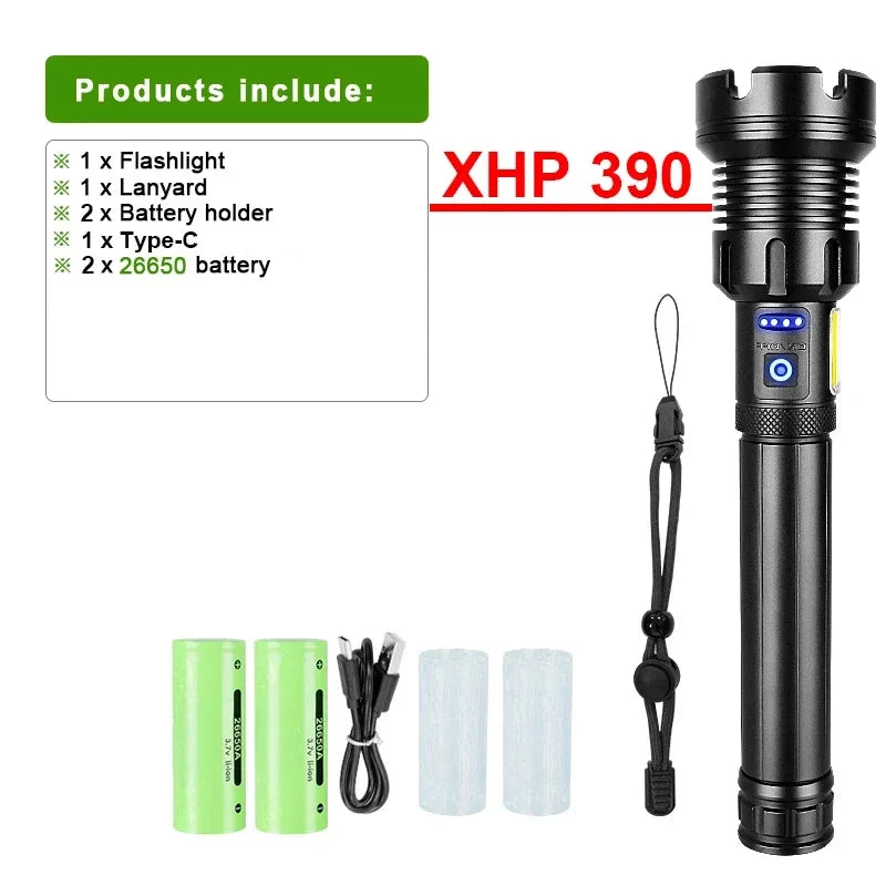 XHP390 Tactical LED Flashlight - 1500M Range, Rechargeable with COB Side Light & Power Bank