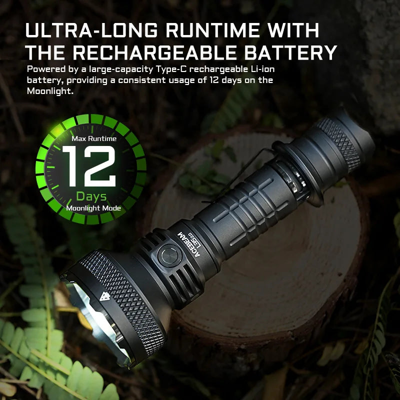 Rechargeable flashlight with text about ultra-long runtime on a natural background