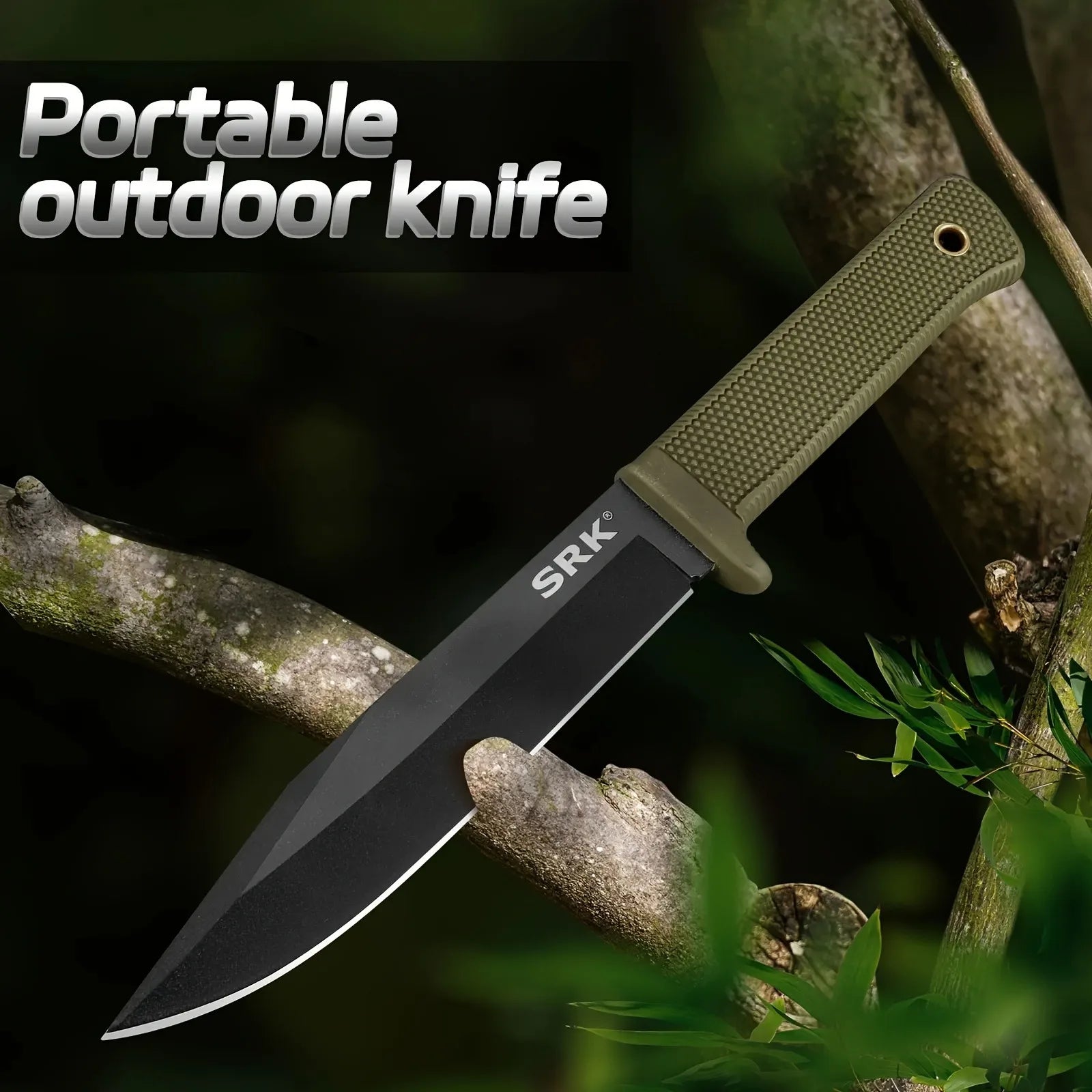 Portable outdoor knife with 'SRK' branding on a natural background