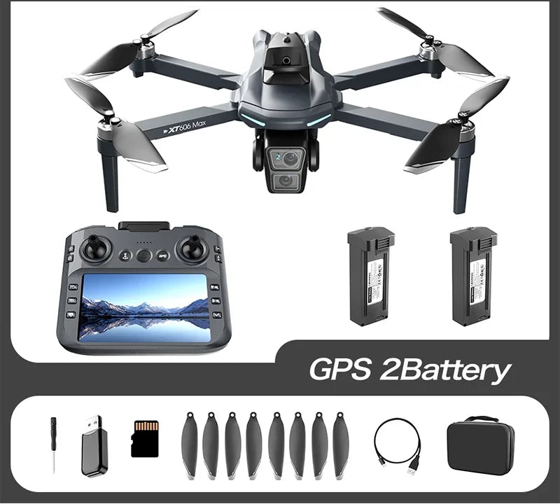 Drone with accessories including controller, batteries, propellers, and case on a white background.