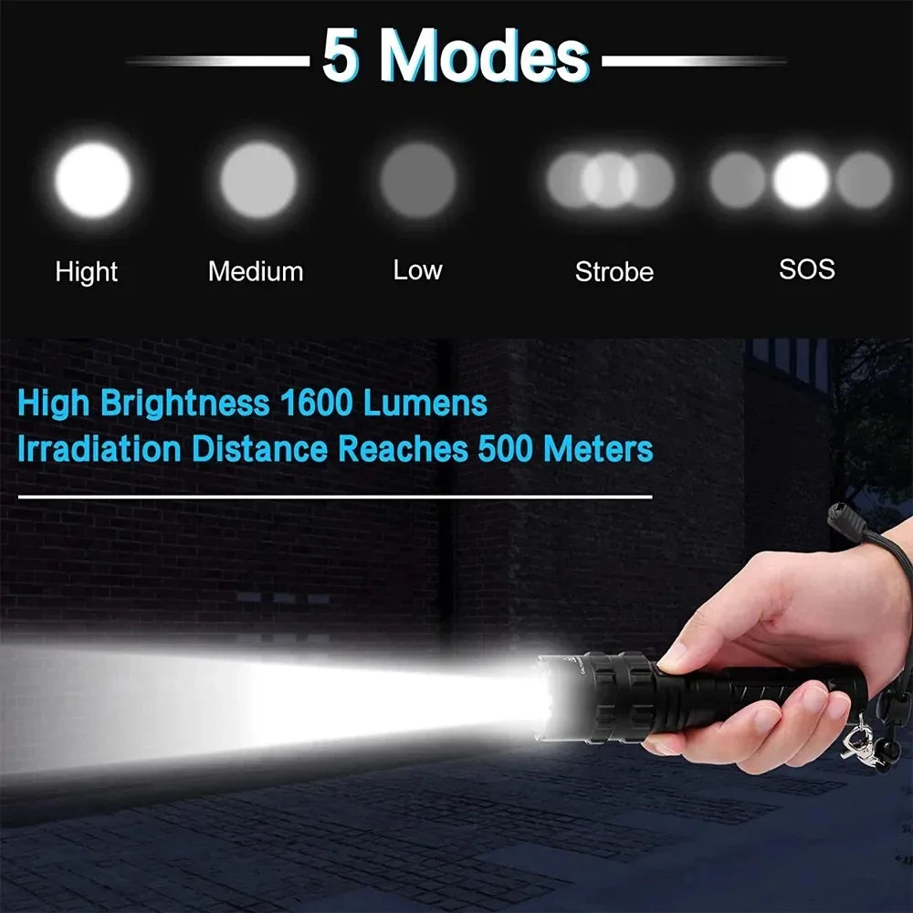Professional LED Tactical Flashlight - USB Rechargeable, Waterproof, 1000 Lumen