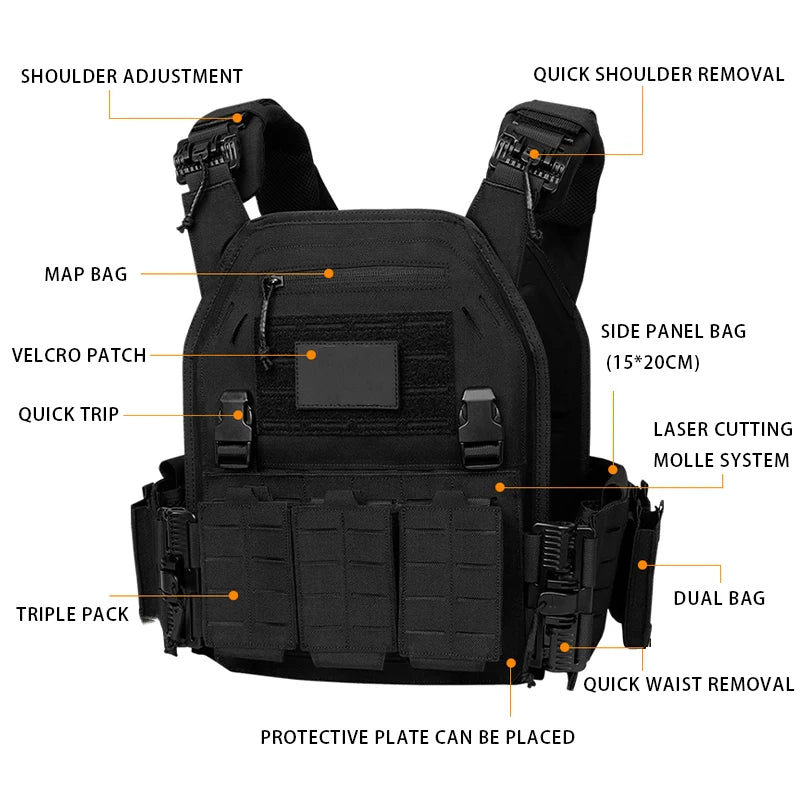Tactical Plate Carrier Vest - 1000D Polyester Combat Gear with Detachable Pouches