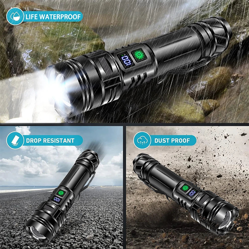 Black flashlight with waterproof, drop-resistant, and dust-proof features shown in various conditions.