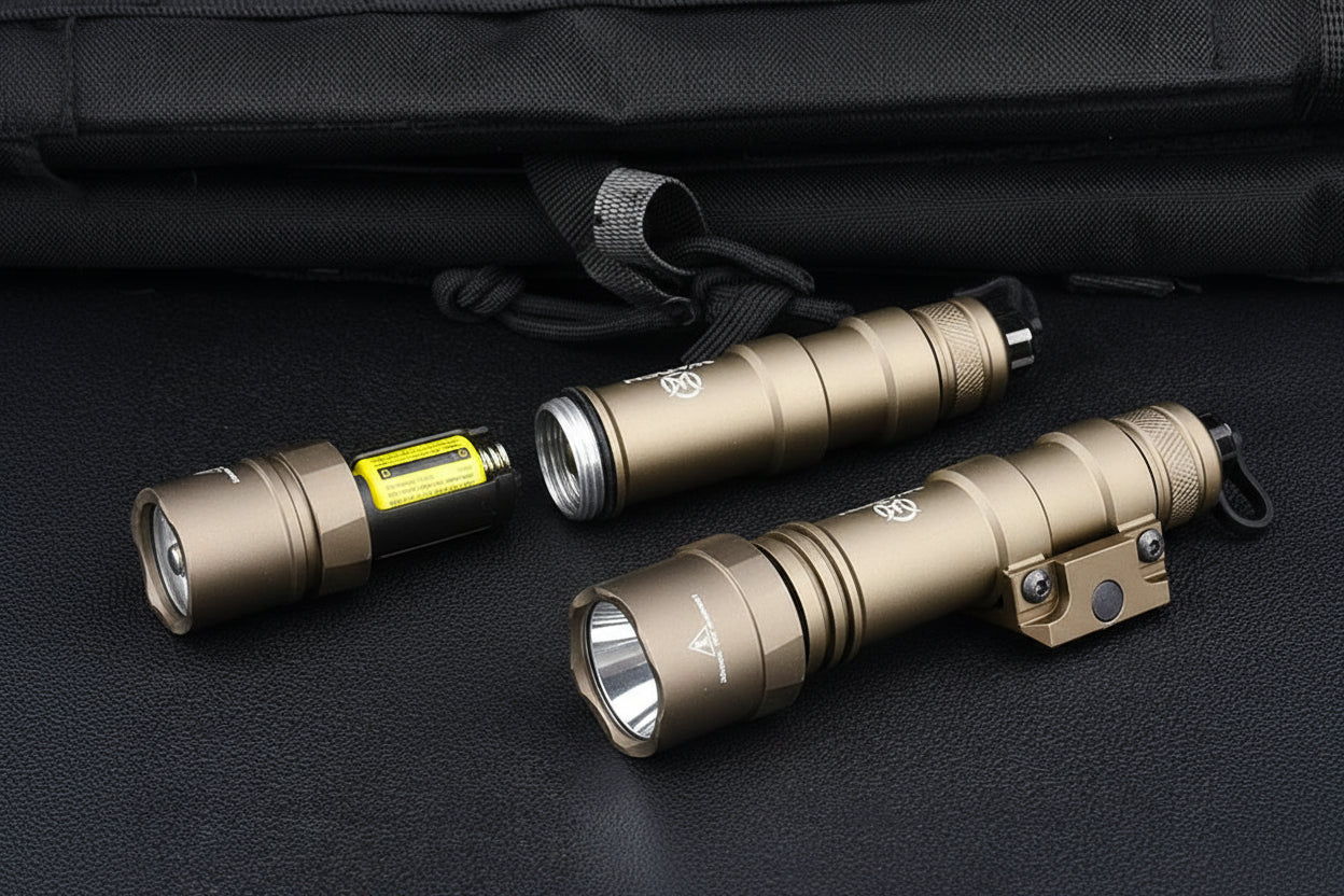 Tactical flashlight with battery on a black background
