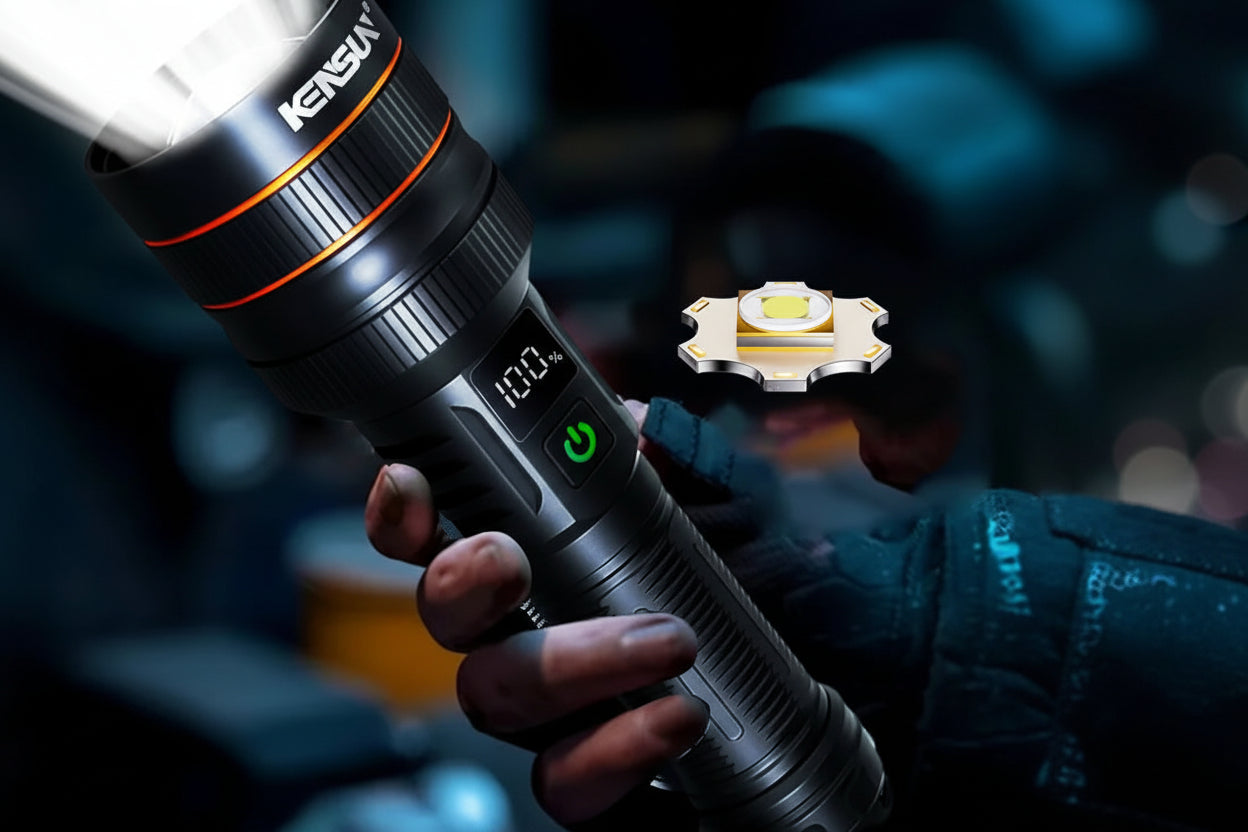 Kensington flashlight held in hand with product features highlighted on a dark background