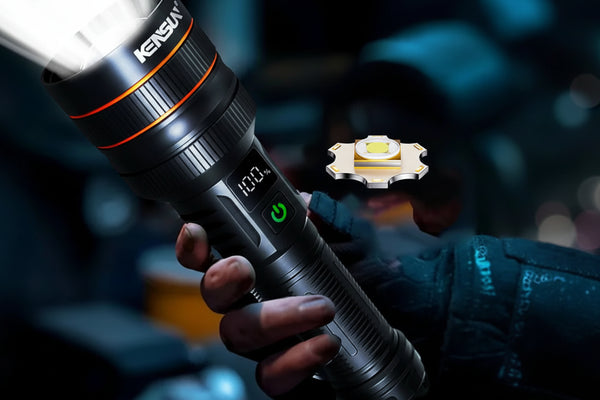 Kensington flashlight held in hand with product features highlighted on a dark background