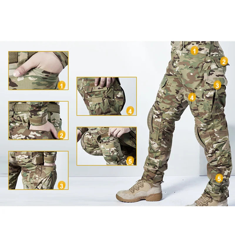Men's Multicam Tactical Uniform Set – Shirt & Pants with Knee & Elbow Pads
