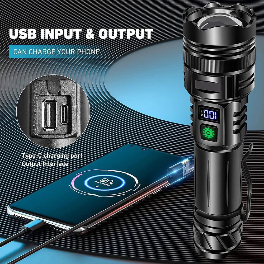 Tactical LED Flashlight USB-C Rechargeable | 500M Range Zoom Torch with Power Bank