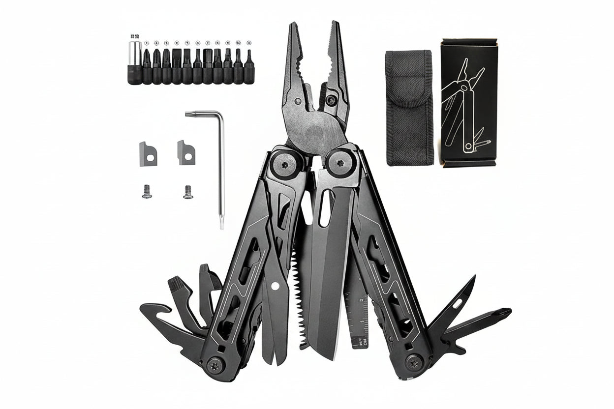 Multitool with various attachments on a white background, featuring the brand 'DGEV'.