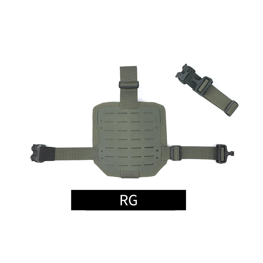 Green tactical leg guard with straps on a white background