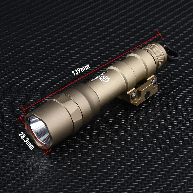 Tactical flashlight with measurements on a textured black background