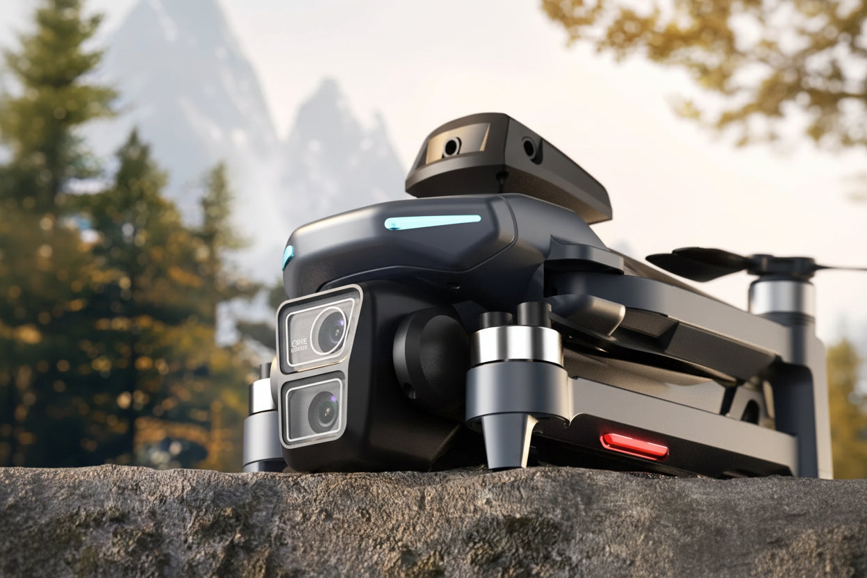 Drone with 4K HD video capabilities on a stone surface with blurred natural background