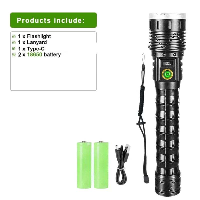 1000W LED Tactical Flashlight - 5000M Long Range, Rechargeable 10000mAh, Waterproof