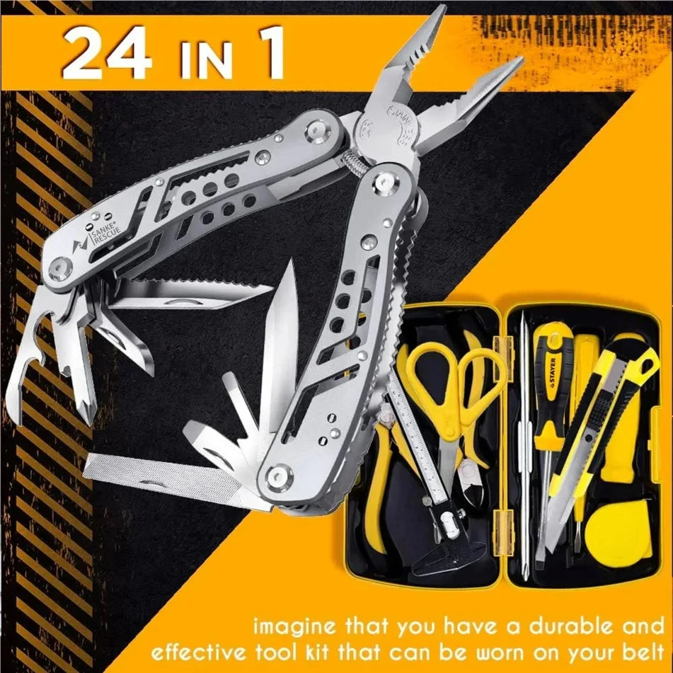 Multitool with various tools on a black and orange background