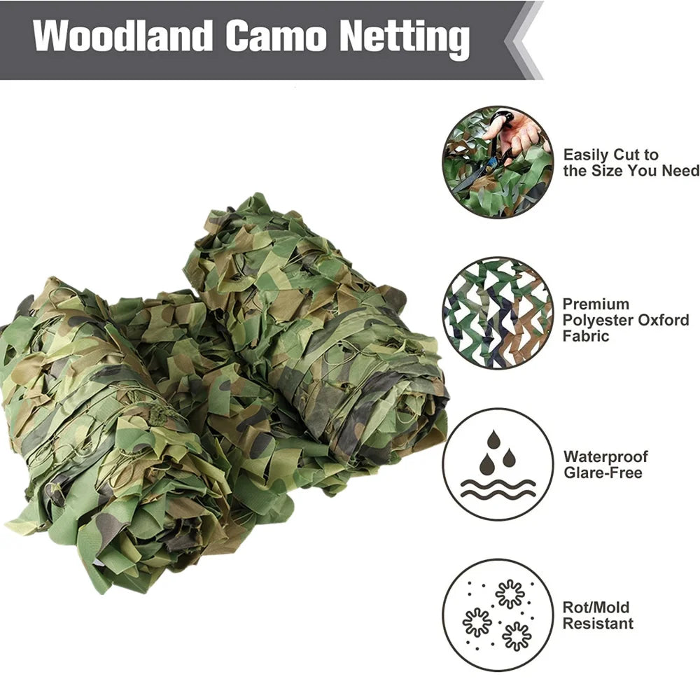 Woodland camo netting with features listed on a white background