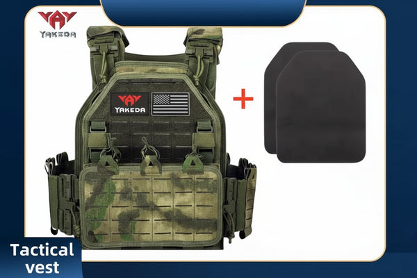Tactical vest with YAKEDA branding, two soft boards, and badges on a blue background.