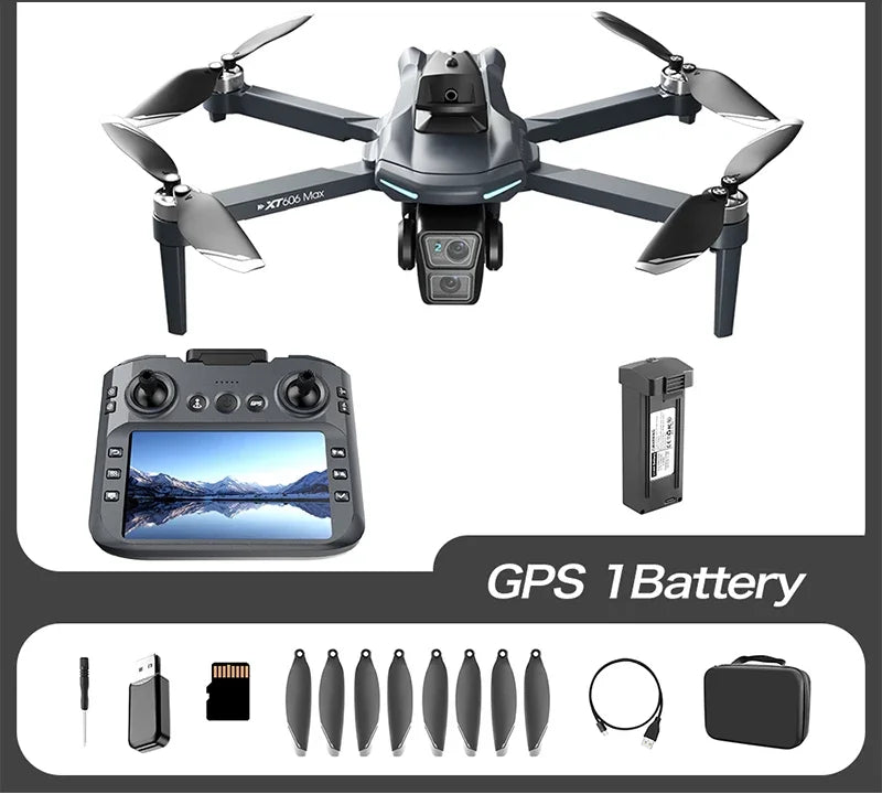 Drone with GPS, 8K camera, and battery on a white background