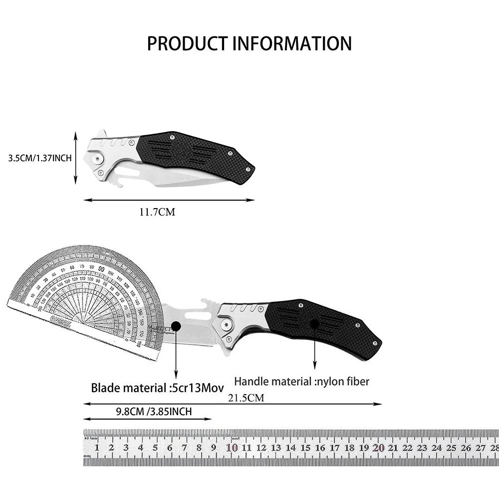 Folding knife with measurement details on a white background