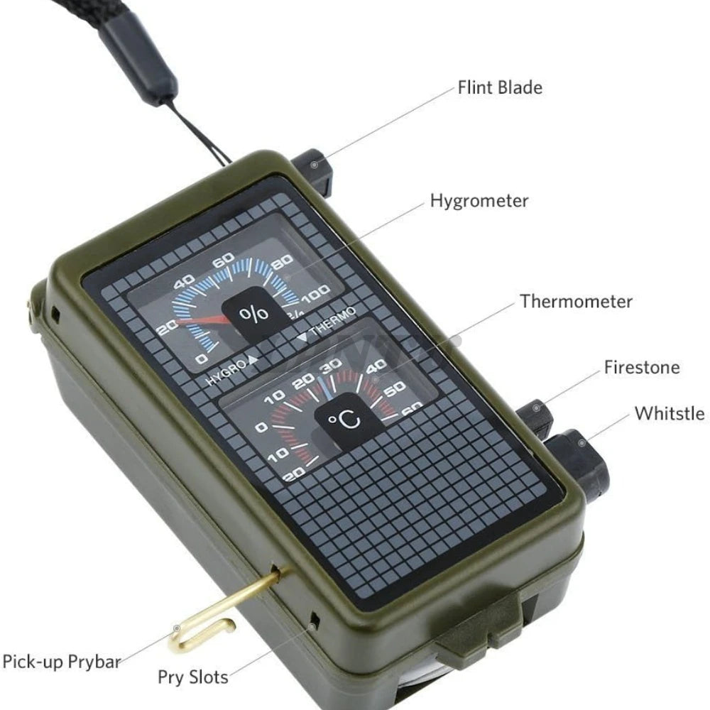 12-in-1 Tactical Survival Compass with Flashlight, Whistle & Fire Starter
